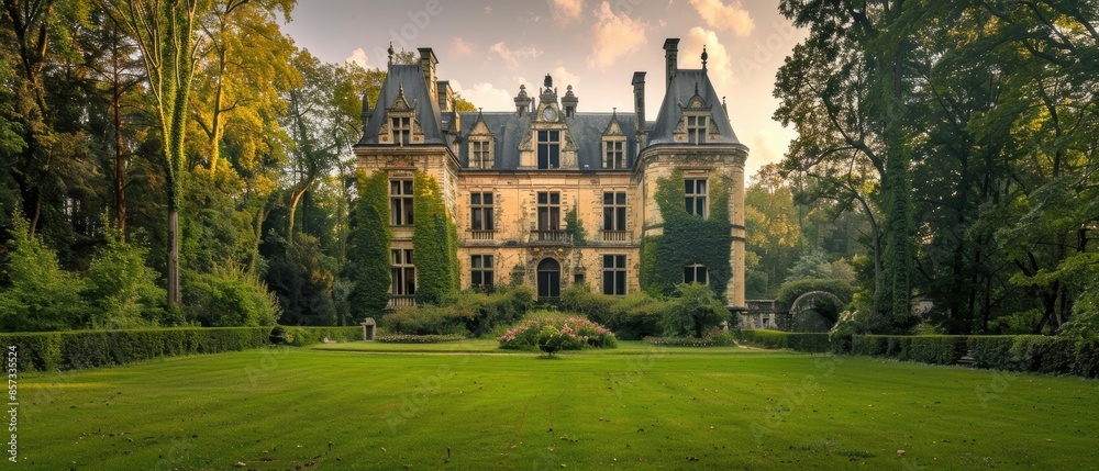 Majestic castle surrounded by lush green gardens Majestic castle surrounded by lush green gardens
