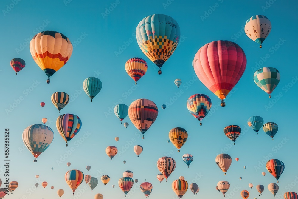 Fototapeta premium A hot air balloon festival with numerous balloons in various colors and patterns floating in the sky. 