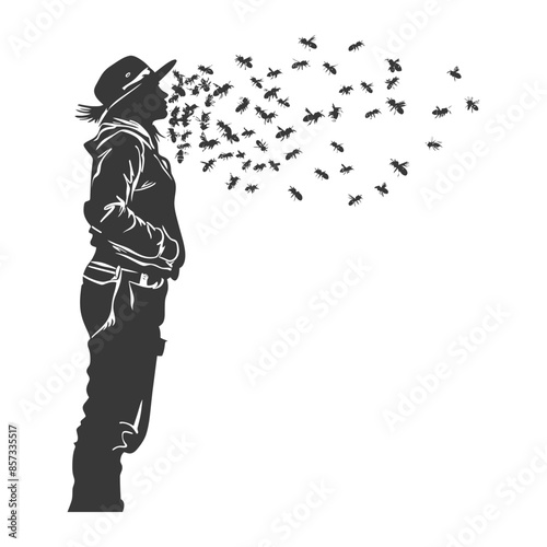 silhouette woman beekeeper in action black color only
