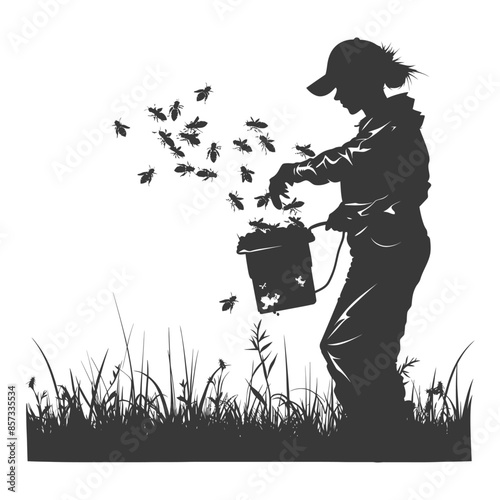 silhouette woman beekeeper in action black color only