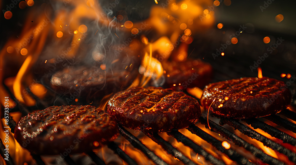 Hamburger grilling on a flaming grill Hamburger grilling on a flaming grill