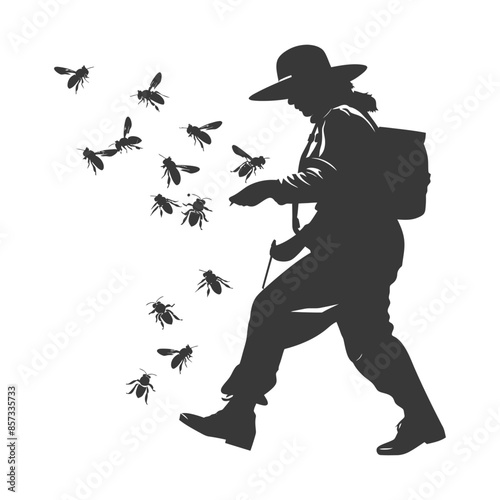 silhouette woman beekeeper in action black color only