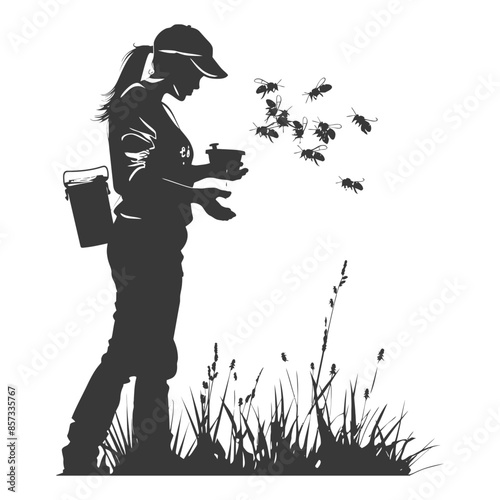 silhouette woman beekeeper in action black color only