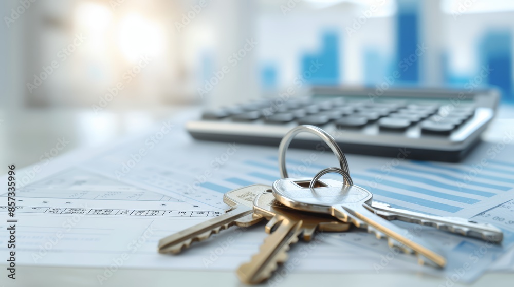 Approved real estate mortgage documents with house keys, sleek office setup, calculator and contract papers visible, sunlight highlighting the importance of the paperwork, symbolizing new beginnings Approved real estate mortgage documents with house keys, sleek office setup, calculator and contract papers visible, sunlight highlighting the importance of the paperwork, symbolizing new beginnings