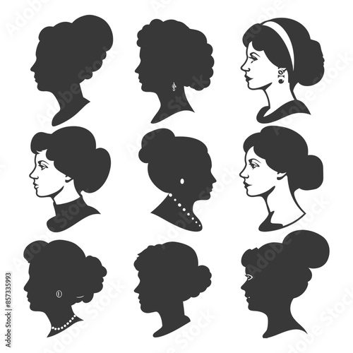 Vintage Silhouette: Collection of Nine Women's Profile Portraits, Victorian Era.