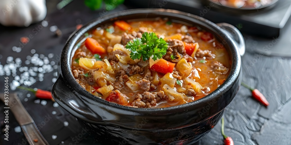 Closeup of a loaded hamburger cabbage soup in a black bowl. Concept Hamburger, Cabbage, Soup, Closeup, Food Photography Closeup of a loaded hamburger cabbage soup in a black bowl. Concept Hamburger, Cabbage, Soup, Closeup, Food Photography