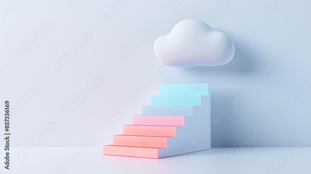 3D cloud icon with blue and red steps, light background, simple design, ample white space at the top, modern and clean look 3D cloud icon with blue and red steps, light background, simple design, ample white space at the top, modern and clean look