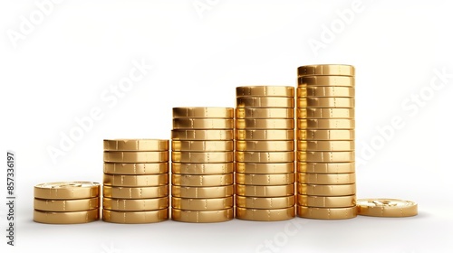 3D graph made of gold coins rising on a white background, the bars composed of neatly stacked coins, representing financial growth and wealth accumulation