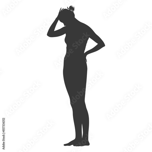 Silhouette of a Stressed Woman Holding Head in Discomfort, Full Body View.