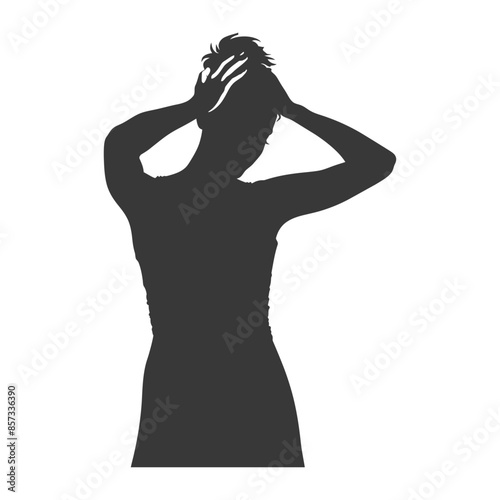 Silhouette of a Woman with Hands in Hair, Rear View on White.