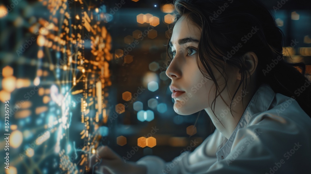 Mujer joven, ingeniero informático, trabajando en el ordenador en una startup Mujer joven, ingeniero informático, trabajando en el ordenador en una startup
