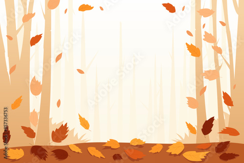 Autumn background vector illustration. Beautiful autumn leaves fall to the ground against the background of trees and forest. Autumn natural landscape in orange and yellow tones for design.