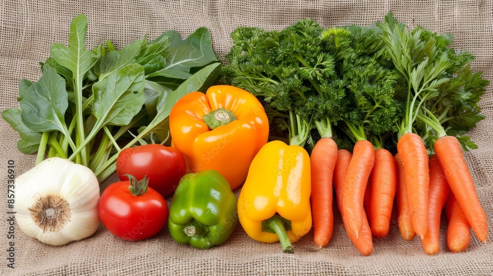 A variety of freshly picked vegetables spread out on burlap, including carrots, bell peppers, tomatoes, and leafy greens, emphasizing a healthy vegetarian concept A variety of freshly picked vegetables spread out on burlap, including carrots, bell peppers, tomatoes, and leafy greens, emphasizing a healthy vegetarian concept