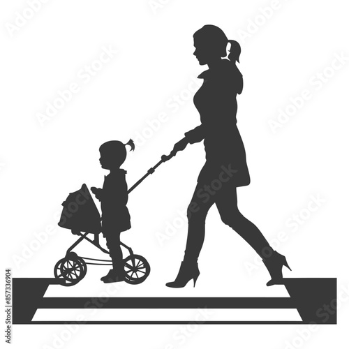 Silhouette: Fashionable mother walks with child in stroller, pedestrian crossing.