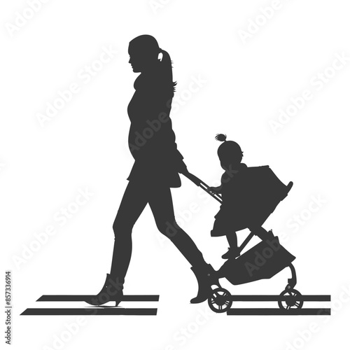Silhouette of Pregnant Woman Crossing Street with Toddler in Stroller.