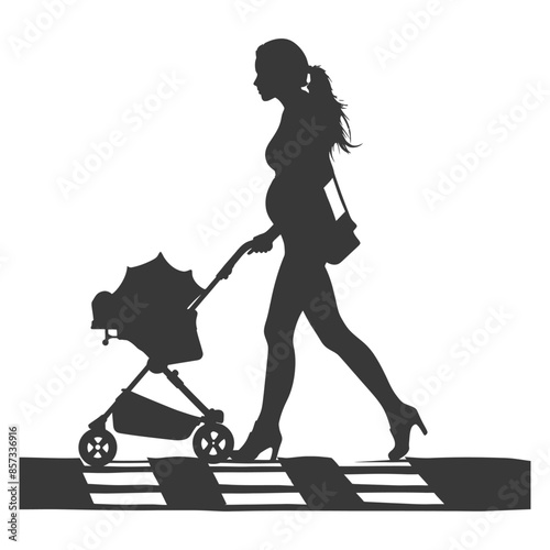 Pregnant Woman with Stroller Silhouette on Zebra Crossing.
