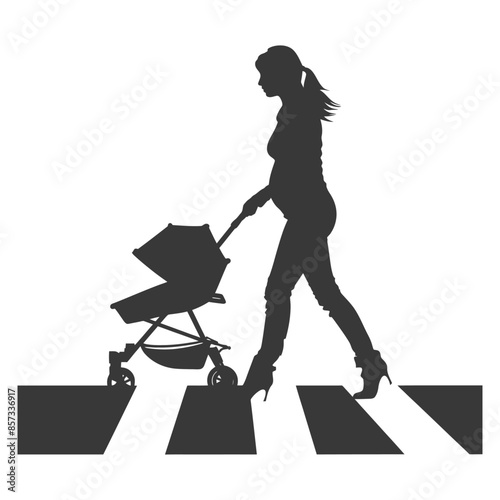 Pregnant Woman Silhouette Pushing Stroller on Crosswalk, High Heels