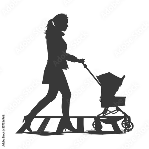 Silhouette: Stylish Woman in Heels Pushing Baby Stroller on Walkway.
