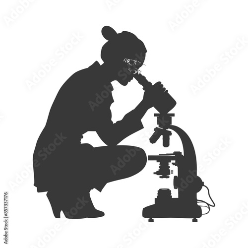 Squatting Scientist: Silhouette of Woman with Bun & Heels Using Microscope.