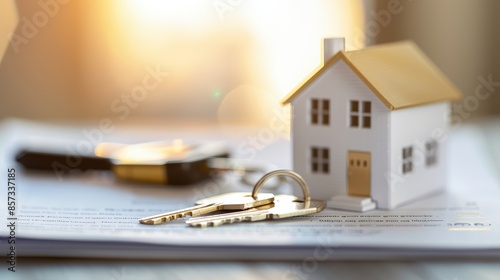 Approved mortgage loan paperwork on wooden desk, house keys and a miniature house model beside the documents, bright and inviting atmosphere, symbolizing successful home financing photo