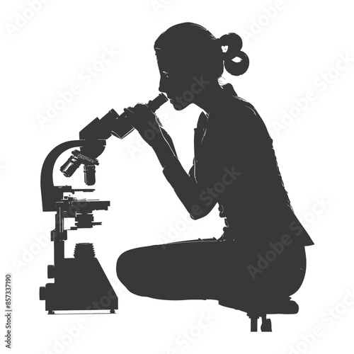 Silhouette of Squatting Female Scientist Examining Microscope