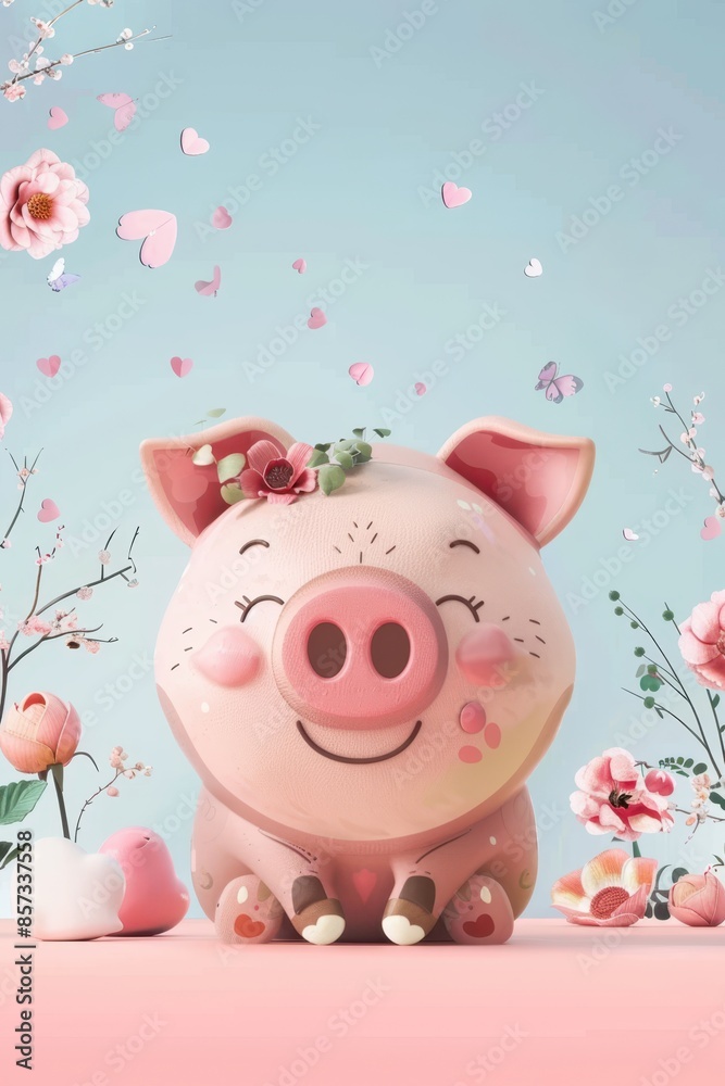 pig with flowers and a pink background pig with flowers and a pink background