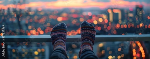 View of city skyline at sunset with socks resting on railing, relaxation concept