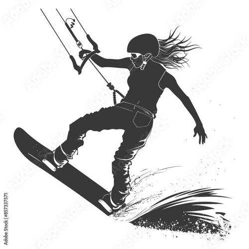 silhouette woman wakeboarder athlete in action full body black color only