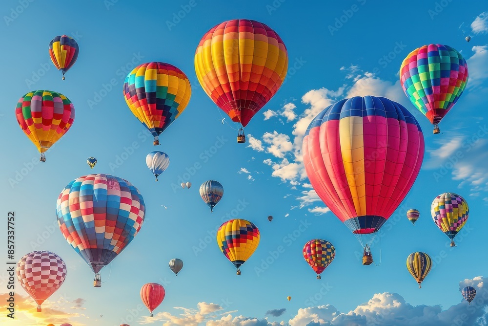 A hot air balloon festival with numerous balloons in various colors and patterns floating in the sky. A hot air balloon festival with numerous balloons in various colors and patterns floating in the sky.