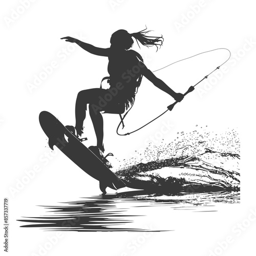 silhouette woman wakeboarder athlete in action full body black color only