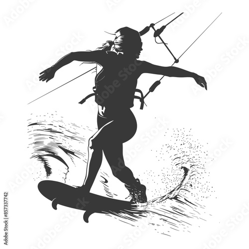 silhouette woman wakeboarder athlete in action full body black color only