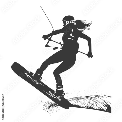 silhouette woman wakeboarder athlete in action full body black color only