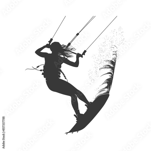 Silhouette: Woman Kiteboarding, Extreme Sport Action.