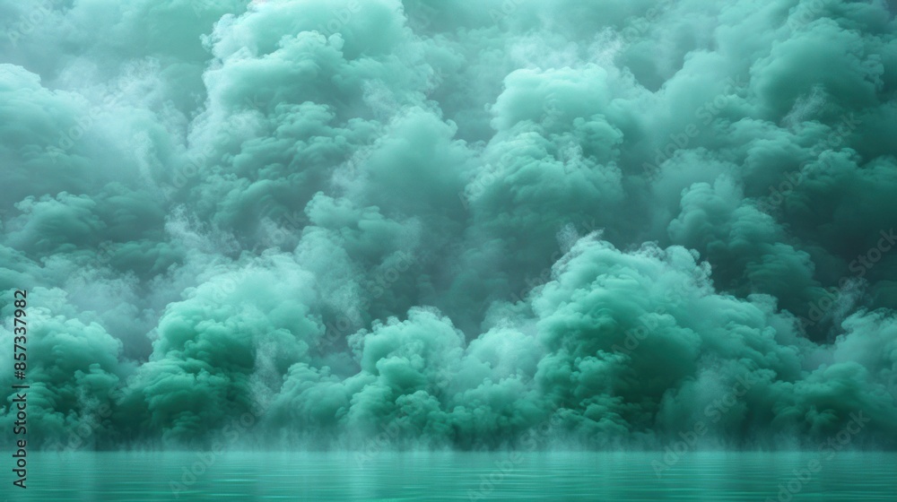 A serene landscape with an expanse of swirling, teal smoke A serene landscape with an expanse of swirling, teal smoke