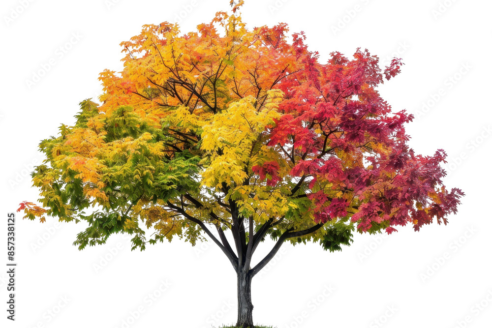 Vibrant tree with colorful autumn foliage in shades of red, orange, and yellow, isolated on a transparent background.