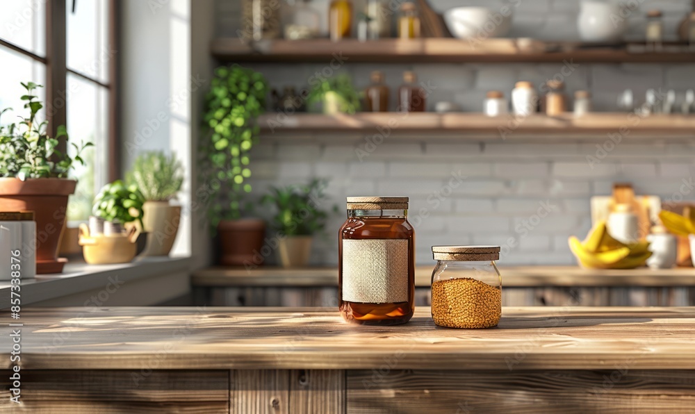 Modern kitchen with a blank jar label Modern kitchen with a blank jar label