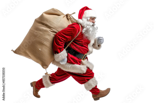Santa Claus in traditional red outfit running with a large sack full of gifts, isolated on transparent background.