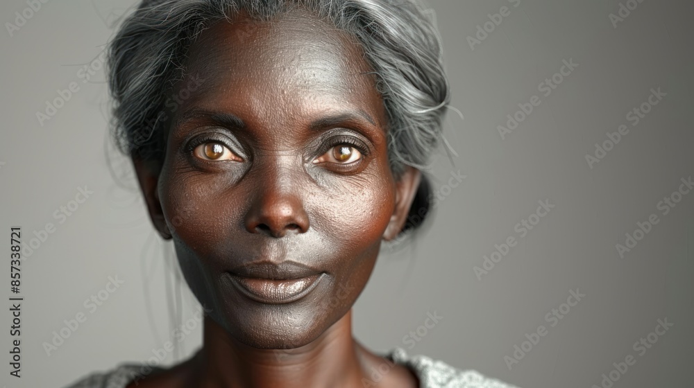 A close-up portrait of a woman with silver hair and dark skin A close-up portrait of a woman with silver hair and dark skin