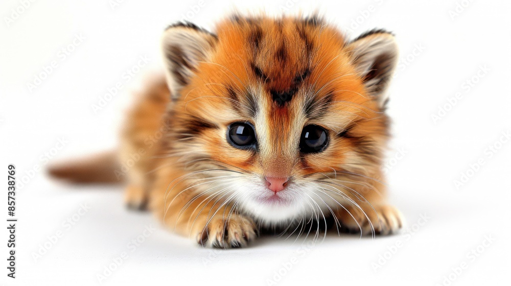 A small orange and white kitten with big blue eyes stares into the camera A small orange and white kitten with big blue eyes stares into the camera
