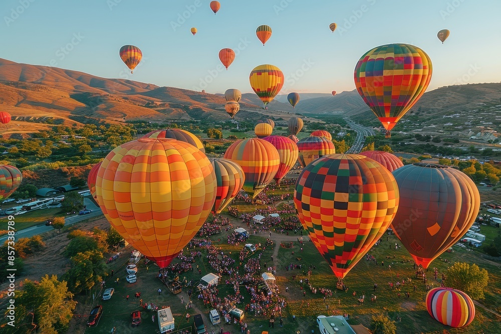 Obraz premium A hot air balloon festival with numerous balloons in various colors and patterns floating in the sky. 