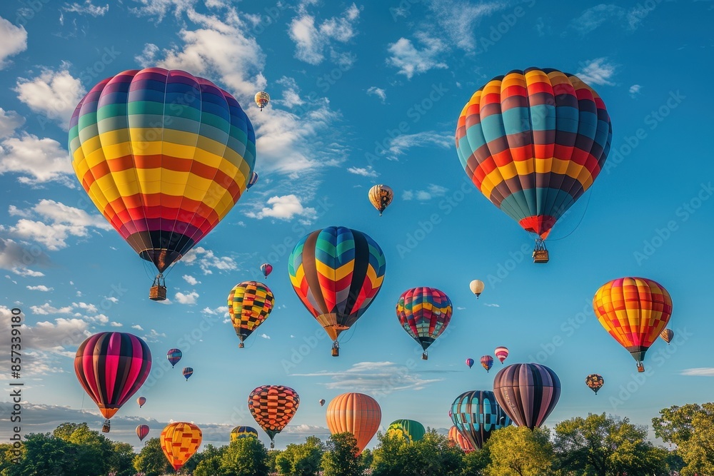 Obraz premium A hot air balloon festival with numerous balloons in various colors and patterns floating in the sky. 