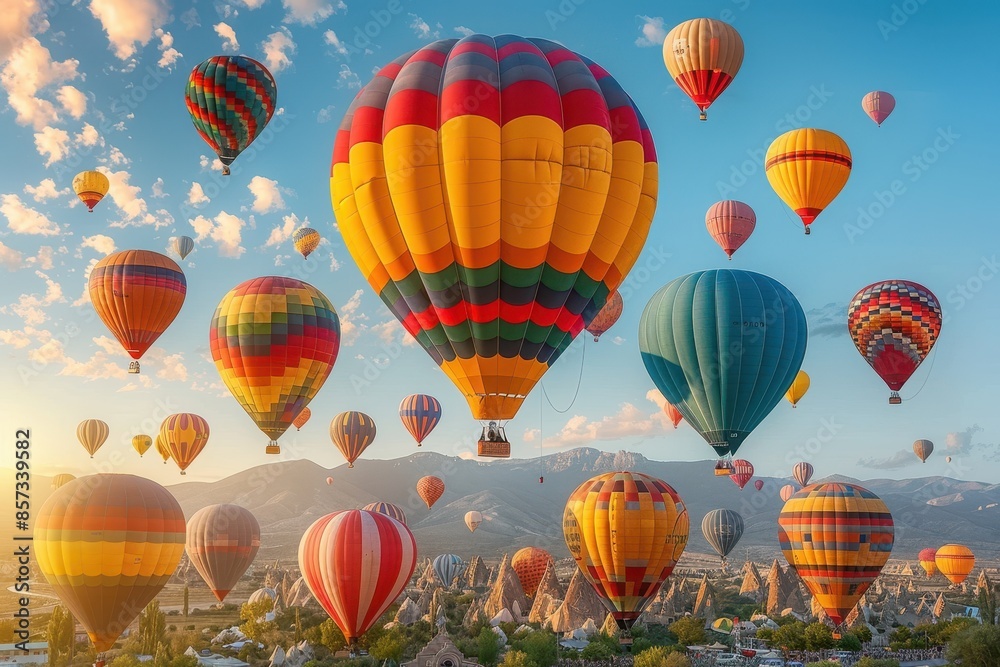 Fototapeta premium A hot air balloon festival with numerous balloons in various colors and patterns floating in the sky. 