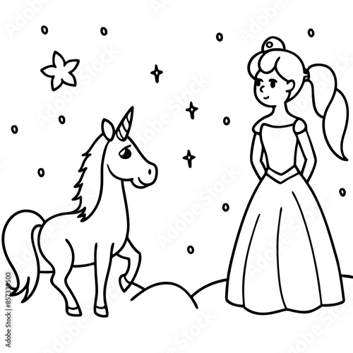 Cute princess cuddles with a unicorn. Coloring book page with colorful template for kids. Isolated illustration. For coloring book