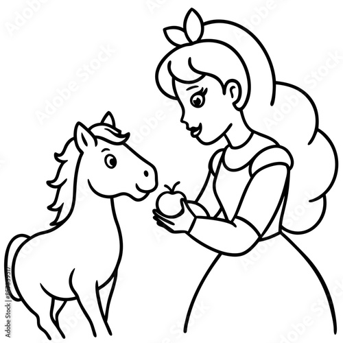 Cute princess cuddles with a unicorn. Coloring book page with colorful template for kids. Isolated illustration. For coloring book