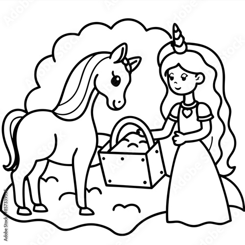 Cute princess cuddles with a unicorn. Coloring book page with colorful template for kids. Isolated illustration. For coloring book