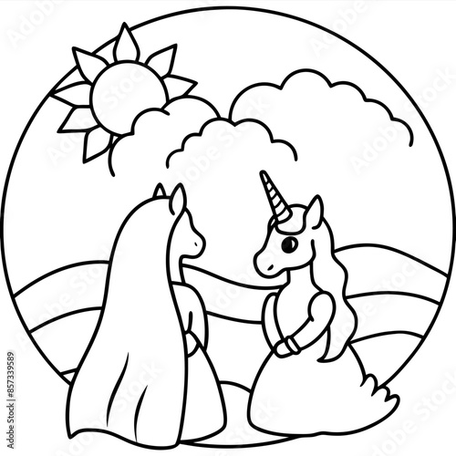 Cute princess cuddles with a unicorn. Coloring book page with colorful template for kids. Isolated illustration. For coloring book