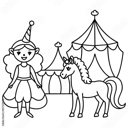Cute princess cuddles with a unicorn. Coloring book page with colorful template for kids. Isolated illustration. For coloring book