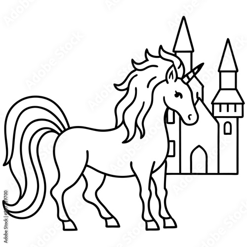 Cute princess cuddles with a unicorn. Coloring book page with colorful template for kids. Isolated illustration. For coloring book