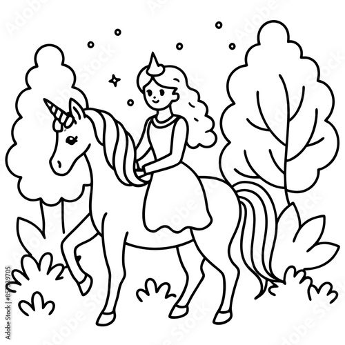 Cute princess cuddles with a unicorn. Coloring book page with colorful template for kids. Isolated illustration. For coloring book