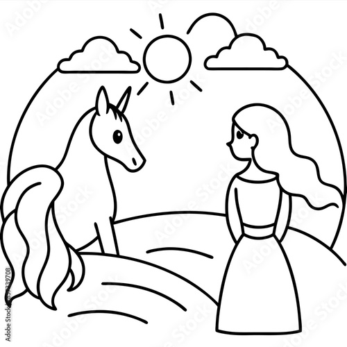 Cute princess cuddles with a unicorn. Coloring book page with colorful template for kids. Isolated illustration. For coloring book